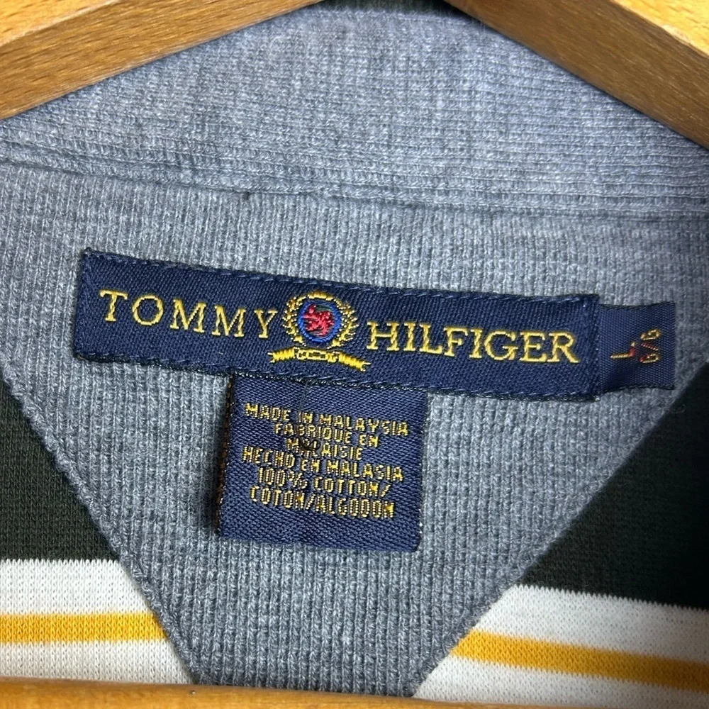 VTG Tommy Hilfiger Green Striped‎ Polo Shirt Mens Sz L Logo Thermal Equestrian